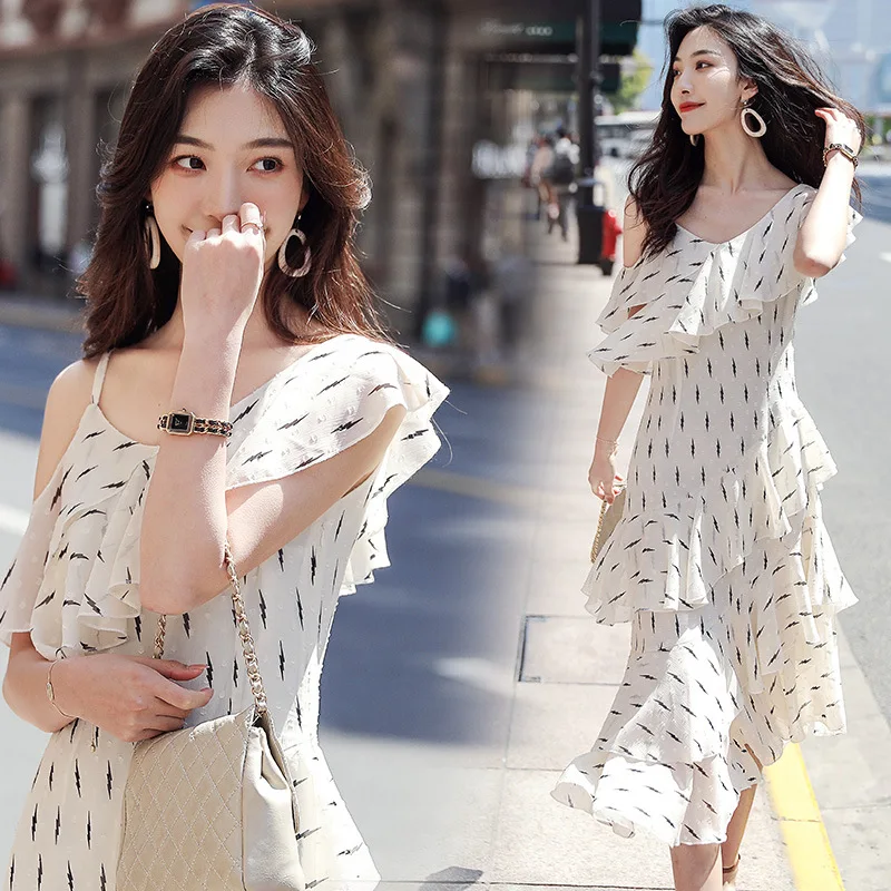 

Chiffon Dress Spring And Summer 2019 New Style V-neck off-Shoulder Camisole Irregular Medium-length Beach Skirt