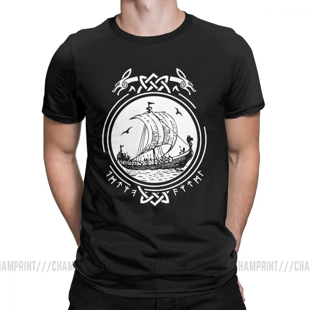 Мужская футболка Wikingerschiff Boot Runen Wikinger Vikings простая футболка с короткими рукавами одежда с круглым вырезом хлопковые футболки оптом - Цвет: Черный