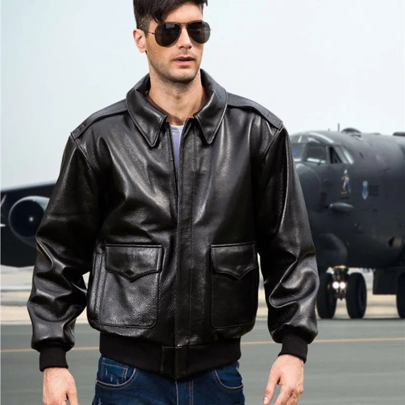 

2020 Black Men USAF A2 Pilot Jacket Europe Size XXL Genuine Thick Cowhide Winter Military Aviator Leather Coat