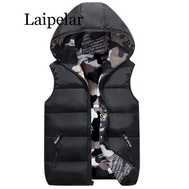 Laipelar, женские жилеты размера плюс, с капюшоном, две стороны, камуфляж, теплый жилет, зимняя Черная куртка, верхняя одежда, пальто без рукавов