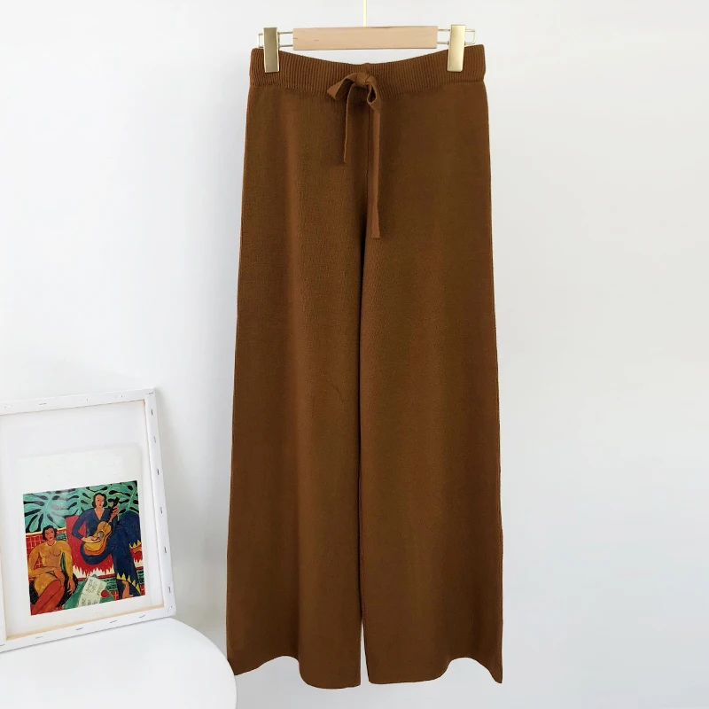 Aachoae 2020 Lady Solid Knit Pants Loose Wide Leg Long Length Pants Female Drawstring Casual Office Home Wear Trousers Pantalon