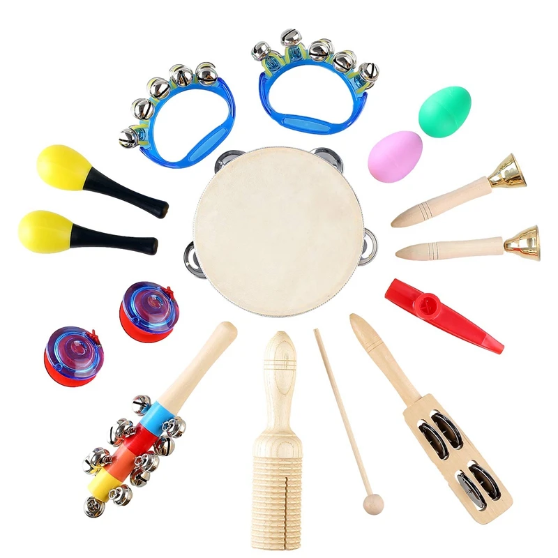 

Super sell-15 Pcs Kids Musical Instruments Set Wooden Percussion Instruments Toy Early Learning Music Toy with Bag