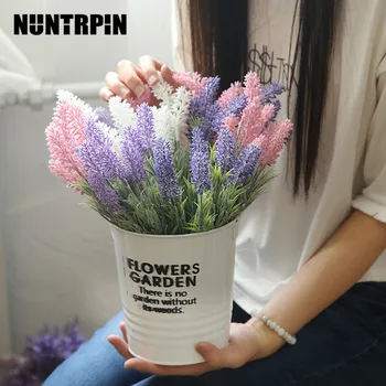 

7 Head Vivid Leaf Artificial Lavender Flower Romantic Provence Purple Bouquet with Green Leaves for Home Party Decorations