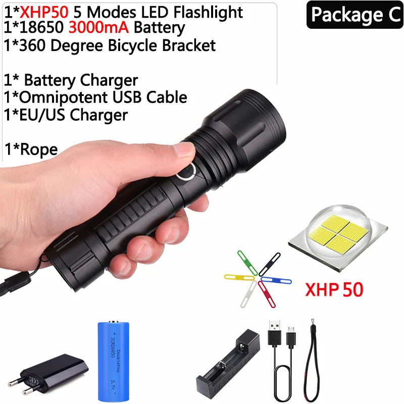 Водонепроницаемый светодиодный фонарик, самый мощный XLamp xhp70.2 светодиодный фонарь, масштабируемый, 5 режимов, xhp50, 18650 или 26650 аккумулятор, лучший для кемпинга - Испускаемый цвет: Package C