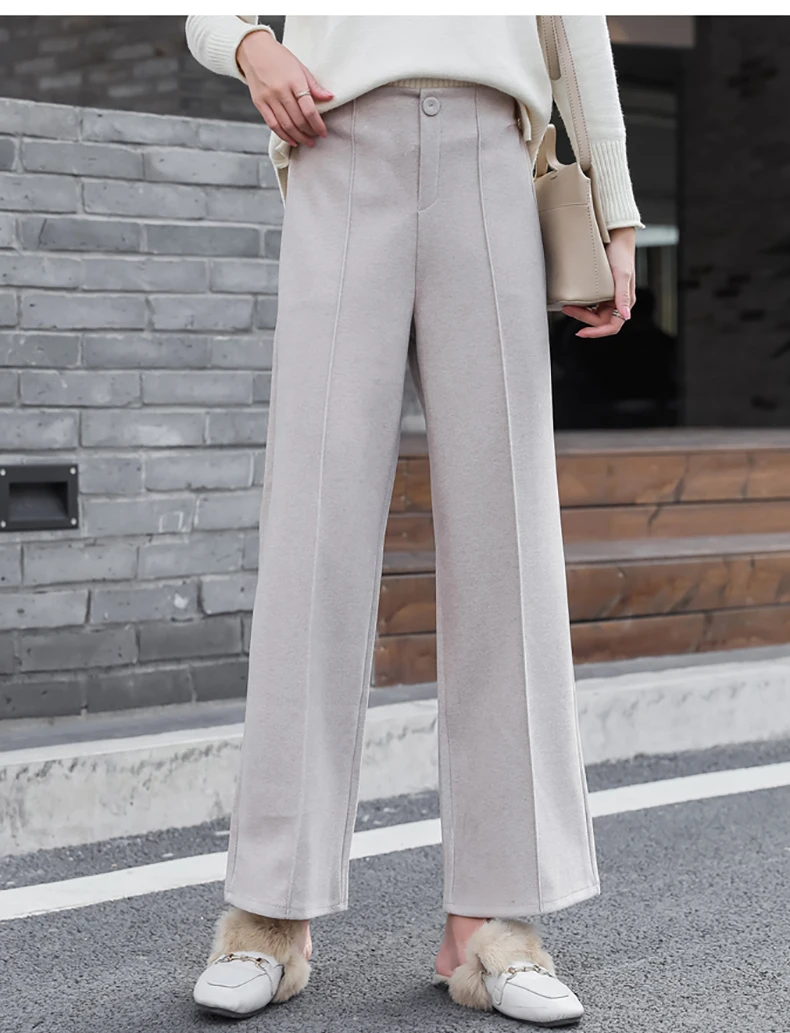 Ankle-Length Women Woolen Pants Wide Leg Pant 2019 New Fashion Autumn Winter Wear High Waist Loose Female Black Beige Trousers (9)