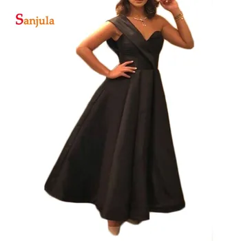 

Ankle Length Formal Dress for Women One Shoulder A-Line Black Satin Evening Dresses vestidos de noche largo D1263