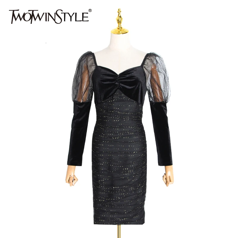 TWOTWINSTYLE пикантные Лоскутные женские платья с блестками квадратный воротник