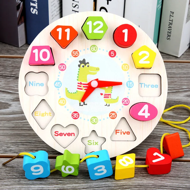 

Wooden Children ENLIGHTEN Toy Threading with Numbers Clock Geometric Shapes Matching Building Blocks Hand Alarm Clock Early Educ