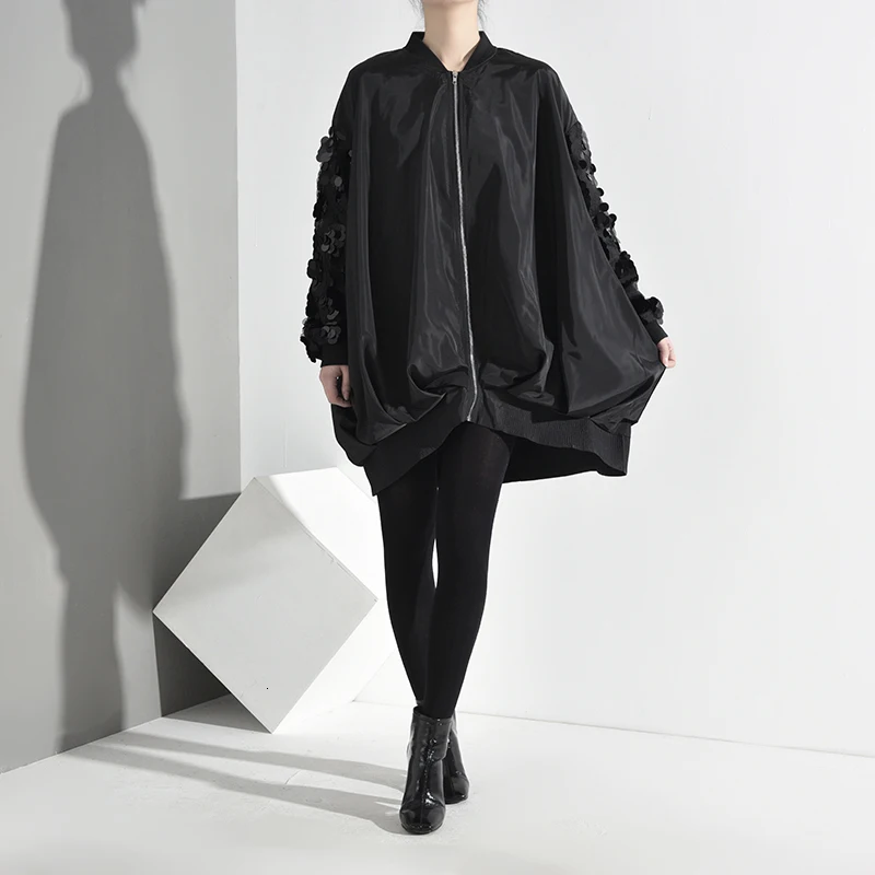 [EAM] Свободная приталенная Черная куртка с блестками, новинка, Женская куртка с воротником-стойкой и длинным рукавом, модное весенне-осеннее пальто AS17301