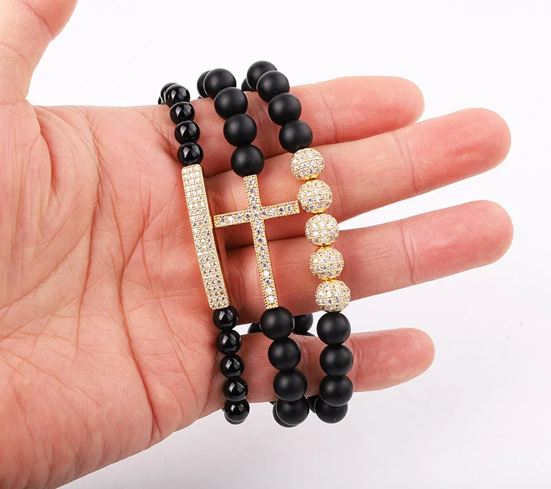 JARAVVI Natural Stone CZ Pave Cross Charm Matte Onyx Elastic Beads Bracelet Set Men Jewelry Gift - Image 3