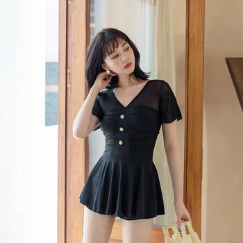 

Swimsuit 1 Piece Woman Rashguard Female Fused Swimwear 2019 One-Piece For Women Full Sexy Black Mesh Short Long Sleeve Swimsuits