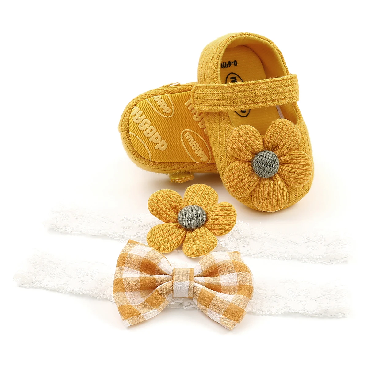 Spring 0-18M Baby Girl Baby Shoes+Bow+Floral Headband Set Big Flower Soft Sole Flats Infant Toddler