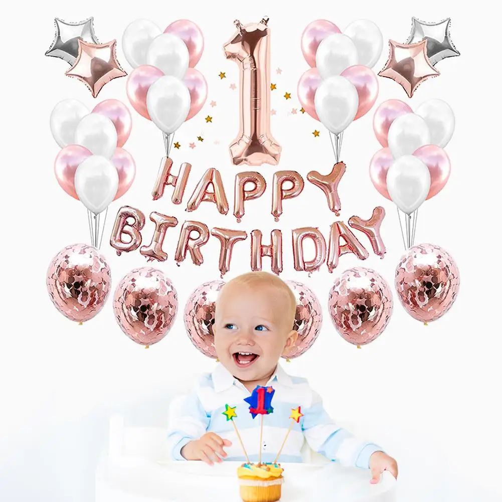 

37piece/set 1 Year Birthday Party Supplies And Rose Gold Party Decorations Rose Gold Confetti Balloons
