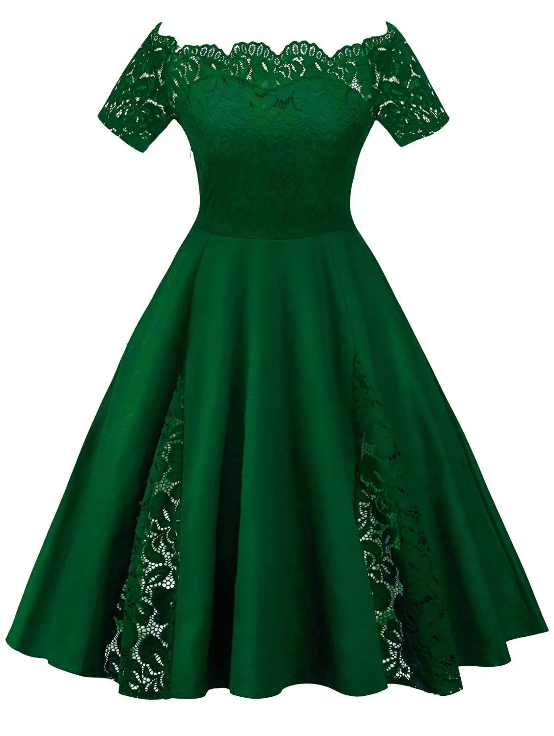 ROSEGAL размера плюс винтажное кружевное платье с открытыми плечами и короткими рукавами а-силуэта для женщин однотонное элегантное вечернее платье 5XL - Цвет: Green