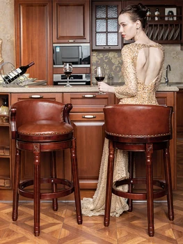 

Modern Solid Wood Bar Chair Nordic 75cm Cafe High Stools European Backrest Stool Leather American-style Revolving Bar Chairs