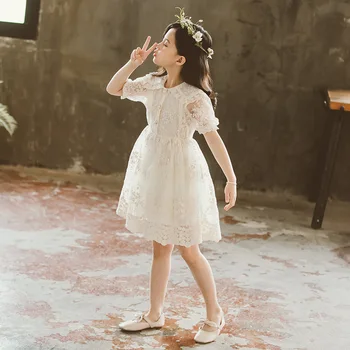 

Girls dress summer short sleeve lace dress 110-160cm girls suitable for wearing white gauze dress birthday party wedding dress