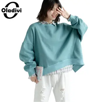 

Oladivi Plus Size Women Velvet Warm Shirts Ladies Long Sleeve Short Top Hoodies & Sweatshirts Female Casual Tunics Blusas Green