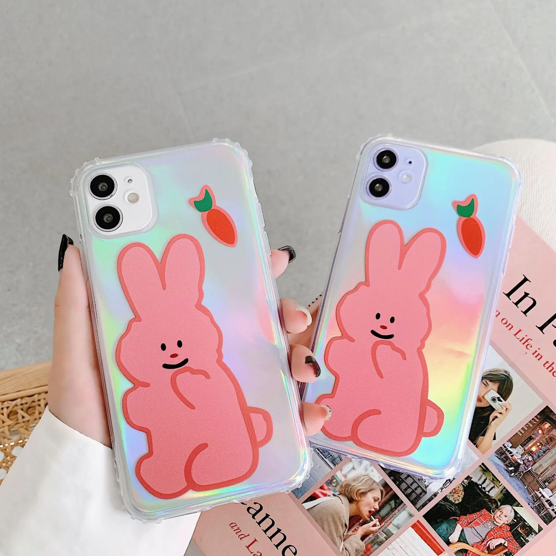 Прозрачный розовый картонный чехол для телефона с кроликом iPhone11 11pro Max X XR XS 7 8 7p 8p