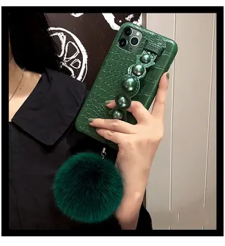 

Fashion Crocodile Skin Pearl Wrist Strap Leather Case Cover With Fur Ball Pendant For iPhone 11 Pro Max XS Max XR X 8 7 6S Plus
