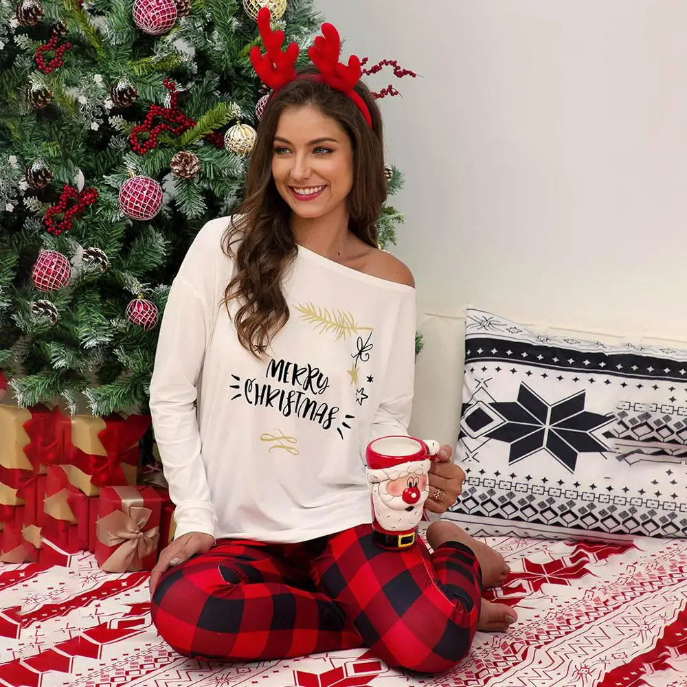 Женский Рождественский клетчатый пижамный комплект с буквенным принтом, футболка с длинными рукавами, топ+ штаны, пижама, ночное белье, одежда для сна, черный, красный, белый