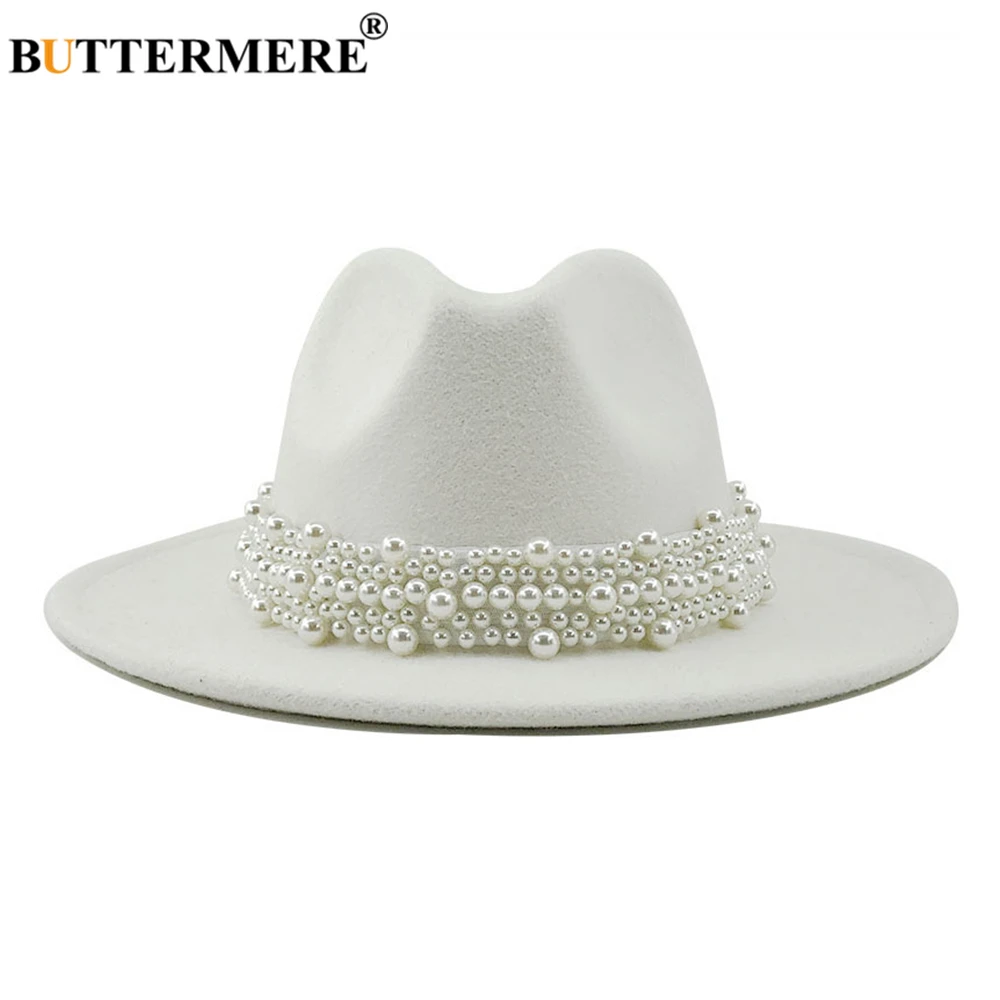 Women Fedora Hat Jazz Casual Pearl Felt 58-61CM