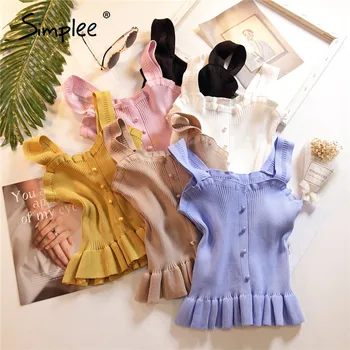 

Simplee Ruffled knitted tank tops women elegant Button multicolor basic female tops spaghetti strap party wear ladies tops 2020