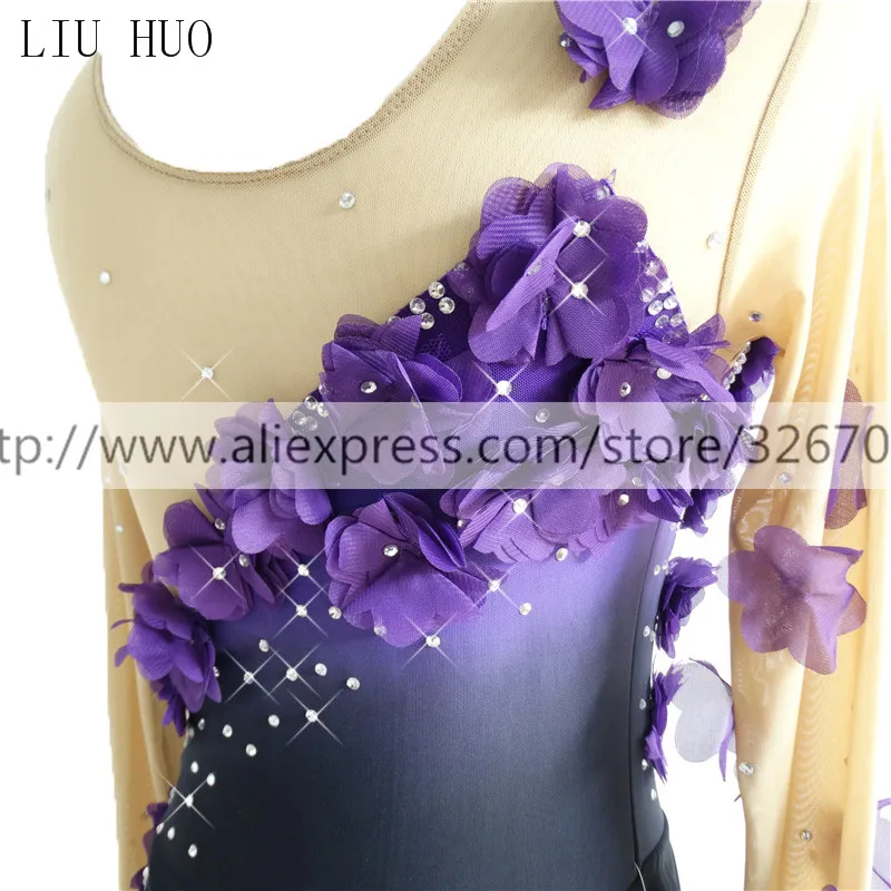 Figure Skating Dress Women's Girls' Ice Skating Dress Purple flower black Round neck long sleeve Competition Stripe pattern