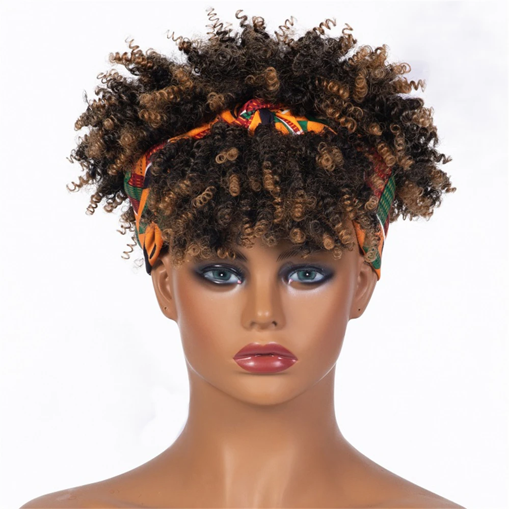 Headband Wigs For Black Women Synthetic Hair Fluffy Curls Hairband Turban Wrap Short Afro Kinky Curly | Шиньоны и парики