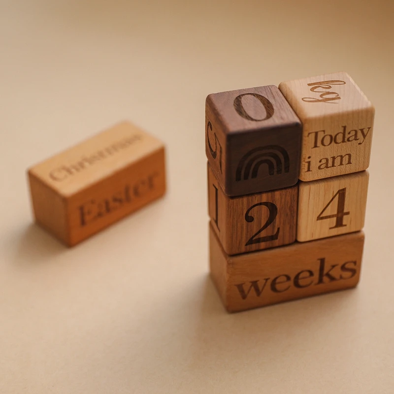 1Set Baby Milestone Block Holz Buche Block Gravierte Neugeborenen Geburt Monat Geburtstag Meilensteine Blöcke Fotografie Requisiten Geschenk – Detail 13