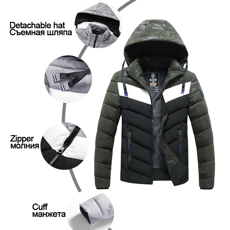Men Winter Warm Windproof Parkas Patchwork Hooded Coat Autumn Outwear Classic Casual Parka Jacket