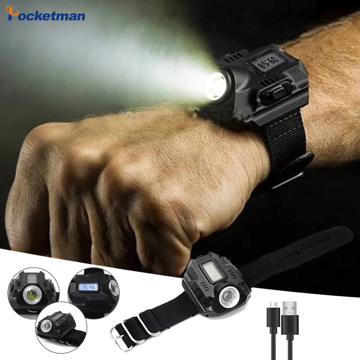 

Portable Wrist Watch Flashlight XPE LED Torch Morning/Night Run Tactical Watch Lighting With Time LED Display Children's gift