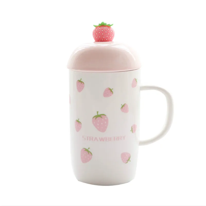 

Cute Pink Strawberry Ceramic Cup Children Students Spoon Straw Coffee Milk Mug Cup Travel Mug Coffee Christmas Mug BB50MK