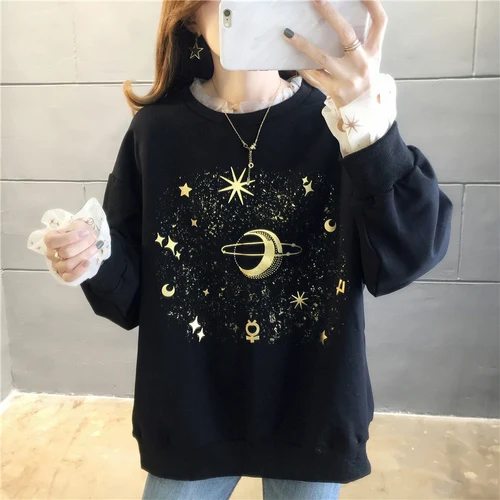 XiaoX 996 bao Новинка, harajuku, черные толстовки, оверсайз, худи, для женщин, луна, вышивка, длинный рукав, спортивный костюм, женский, Повседневный, тонкий, хлопок, пуловеры - Цвет: XiaoX 996 bao