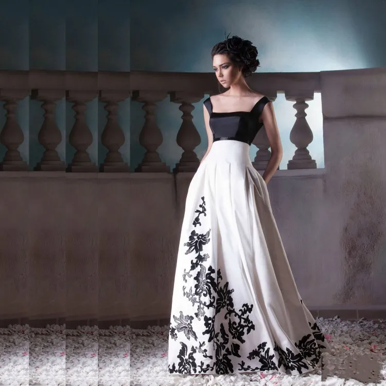 

Faerie Vestido De Formatura Long Prom Dresses With Black Appliques Square Neck Floor Length White Prom Dress Backless