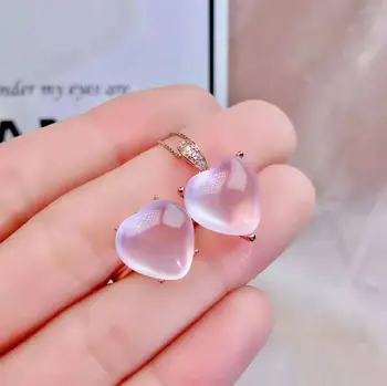 

Video! Fidelity Natural 12mm pink crystal s925 sterling silver heart fine jewelry sets women natural gemstone rings Pendants
