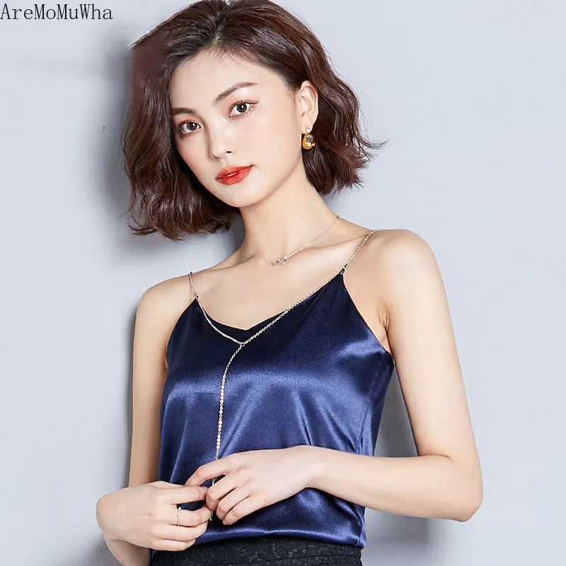 

AreMoMuWha 2019 Summer New V-neck Wear Satin Vest Sling Female Slim Short Paragraph with Sexy Silk Top Sexy Top Top Women QX507