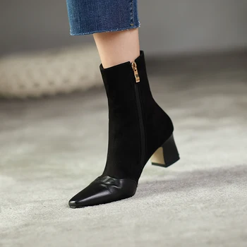 

Elegant Mixed Colors Shoes Woman 2020 Newest patchwork Genuine Leather High Heels Boots Boots Party Wedding Ankle Boots