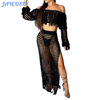 

JAYCOSIN Women Set Clothes Sexy Tassels Mesh Hollow Two Piece Set Long Sleeve Blouse Top and Slit Beach Skirt Suit Outfits