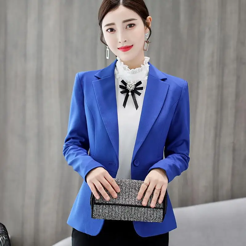 Royal blue Осень, Женский блейзер, пиджак, короткий, офисный, синий, бордовый, длинный рукав, Блейзер, Feminino, приталенная Женская Весенняя куртка, Femme - Цвет: Royal blue
