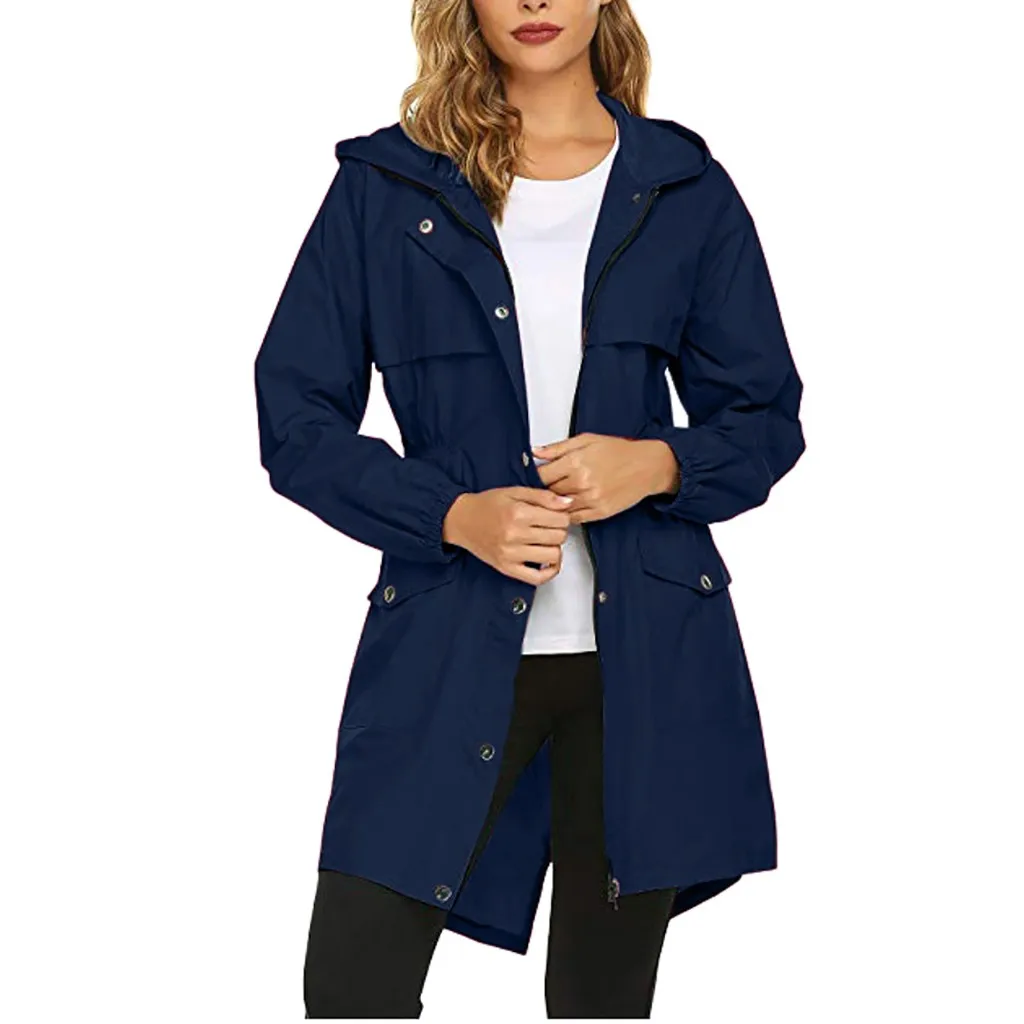SAGACE, женское водонепроницаемое приталенное длинное пальто с капюшоном, ветровка, Женская куртка, приталенная, длинный рукав, теплая Женская одноцветная куртка - Цвет: navy