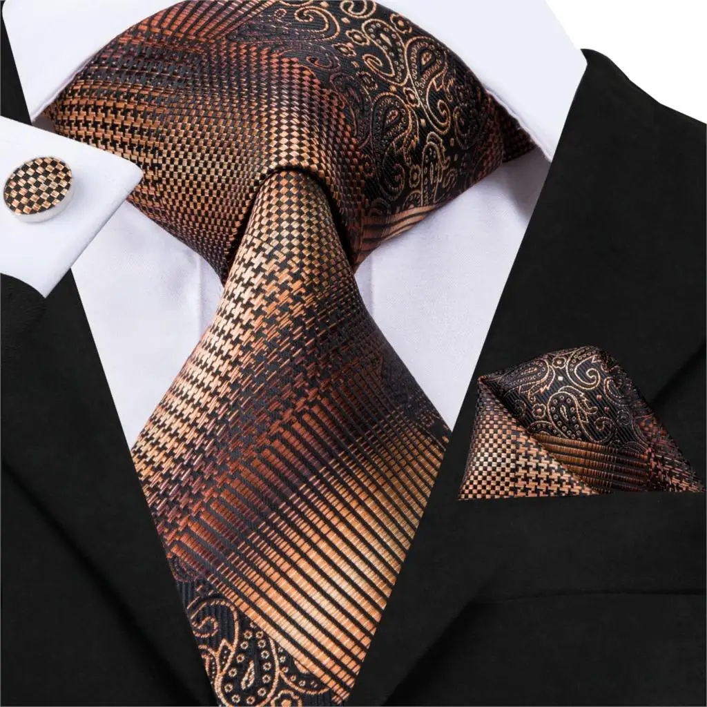 Hi-Tie дизайнерский шелковый галстук роскошный коричневый полосатый клетчатый галстук для мужчин свадебный бизнес галстук и карманный квадратный набор SN-3077 - Цвет: SN-3077