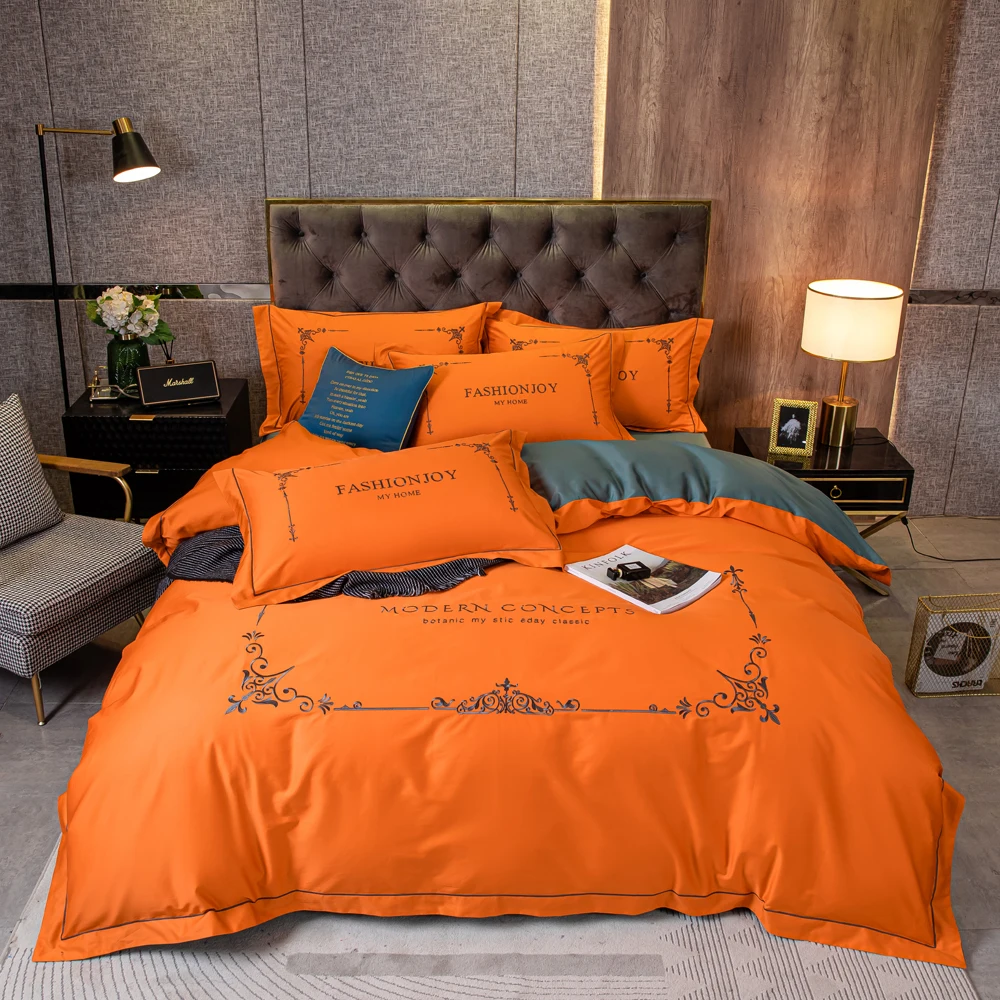 

2021 Four-piece bedding simple cotton double household bed sheet quilt cover embroidered twill comfortable bedding orange color