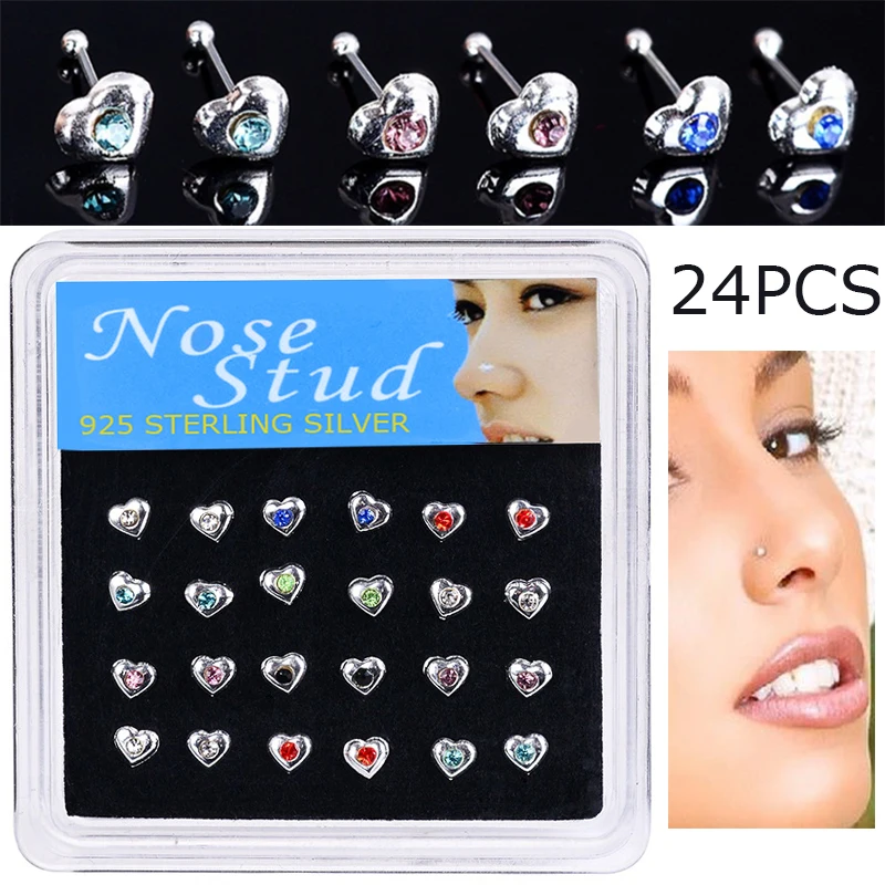 24PCS/Box Heart Shape Fashion Body Jewelry Nose Studs Nose Piercing Colorful Crystal Nose Rings For Women Ear Piercing Gifts