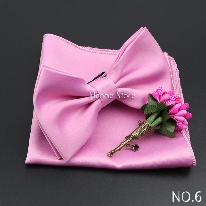 Mens Wedding Bow Tie Brooch Set Romantic Solid Color Silk Polyester Jacquard Woven Bowtie Lapel Pin Hanky Men Gifts Accessories