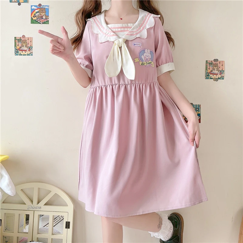 

Japanese Little Fresh Sweet Soft Girls Knee Long Dress Summer Lovely Tie Baby Collar High Waist A-Line Short Sleeve Women Dress