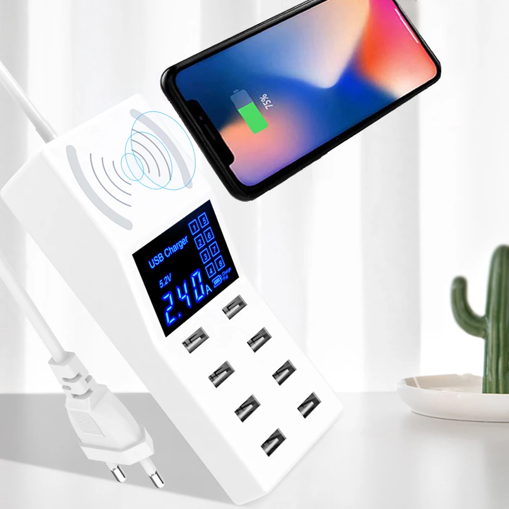 Qi Беспроводное зарядное устройство 8 портов USB 40 Вт Светодиодный дисплей QC3.0 18