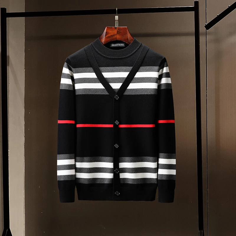 

seestern Brand Men's Knitted Sweater New Imitation Button style Pullover Fashion Stripes Autumn Winter man Warm out Sweaters