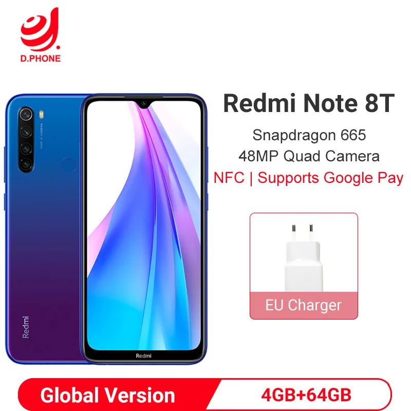 Xiaomi Redmi Note 8 T 8 T, 4 ГБ, 64 ГБ, NFC, Смартфон Snapdragon 665, четыре ядра, 48мп, камера заднего вида, 6,3 дюйма, 4000 мАч, глобальная версия