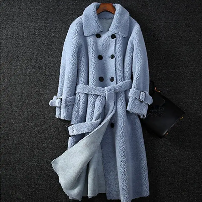 Light Blue Женская зимняя меховая куртка из настоящей овечьей шерсти, Женская плюшевая Толстая теплая Натуральная овечья шерсть, длинное пальто большого размера - Цвет: Light Blue