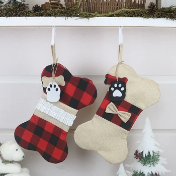 

Christmas Stockings Burlap Plaid Large Bone Shape Pets Stockings Candy Gifts Bag Classic Hanging Stockings for Christmas Decor 2
